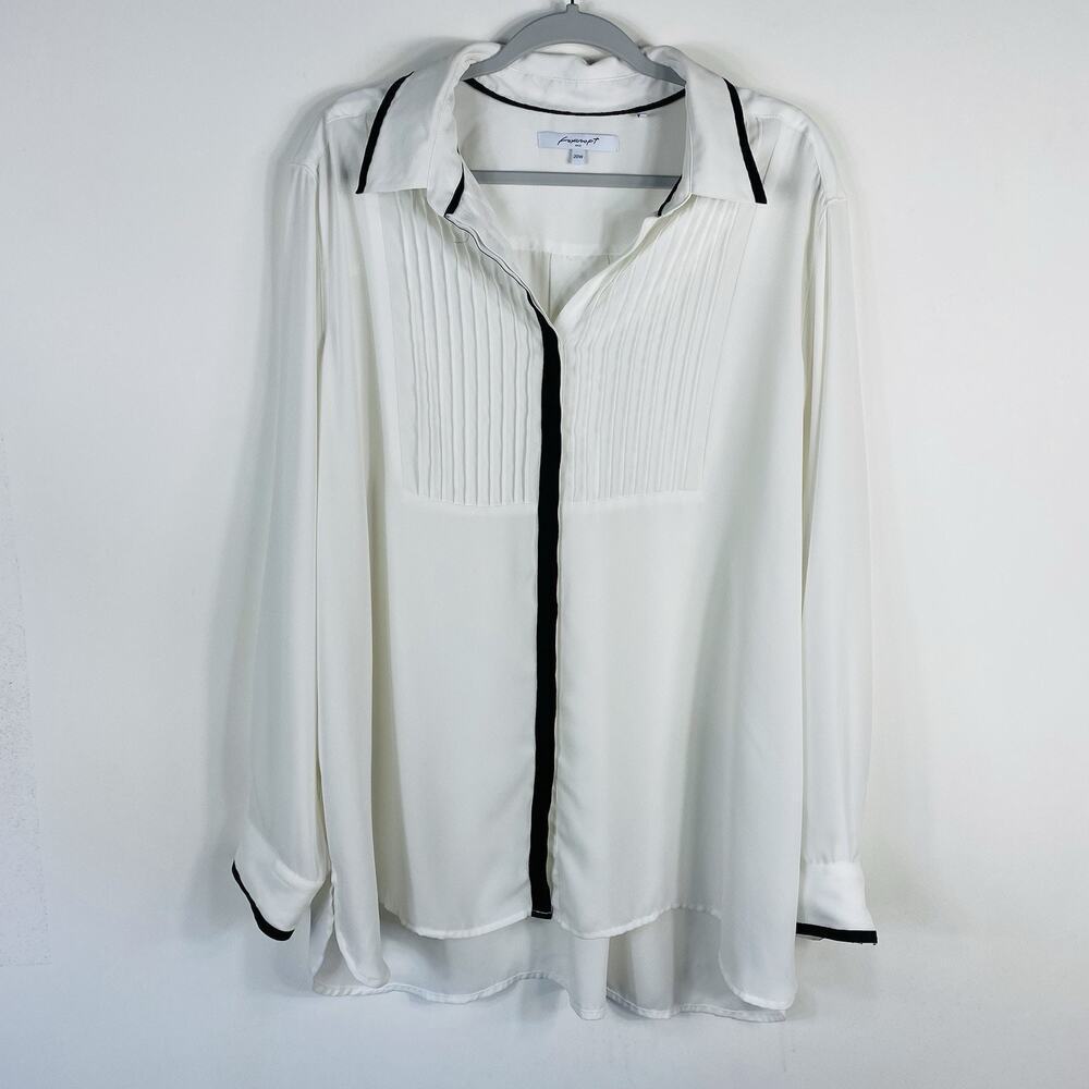 Foxcroft Button Blouse 20 White Black Pintuck Long Sleeve Shirt
